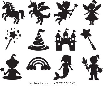 Child collection with magic elements and fairy-tale castle silhouettes, isolated on a white background, perfect for kids illustrations, fantasy stories, games, and creative designs.