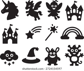 Child collection with magic elements and fairy-tale castle silhouettes, isolated on a white background, perfect for kids illustrations, fantasy stories, games, and creative designs.