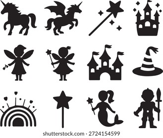 Child collection with magic elements and fairy-tale castle silhouettes, isolated on a white background, perfect for kids illustrations, fantasy stories, games, and creative designs.
