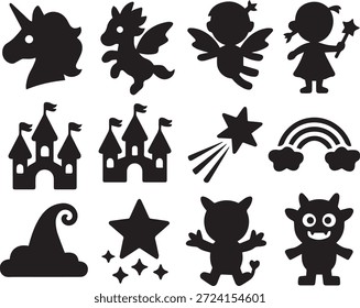 Coleção infantil com elementos mágicos e silhuetas de castelo de conto de fadas, isoladas em um fundo branco, perfeito para ilustrações infantis, histórias de fantasia, jogos e designs criativos.