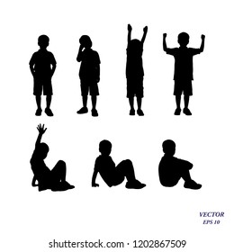 Child collection.Vector silhouette of confident boy standing and siting in different poses. Isolated on white background. EPS10