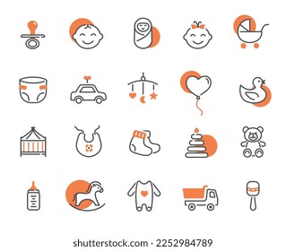 Child color icons. Boy and girl, brother and sister, son and daughter. Toys, diapers and pacifier. Stroller and bundle, care and love. Cartoon flat vector illustrations isolated on white background