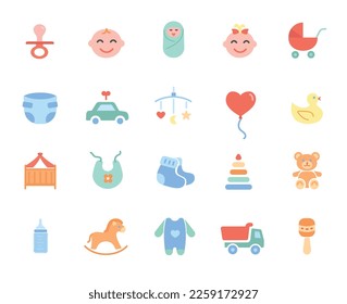 Child color icons set. Collection of graphic elements for website. Pacifier and sliders. Clothes and toys. Bear, car, pyramid and horse. Cartoon flat vector illustrations isolated on white background
