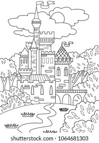 Child colored picture Castle in the forest. The building is made of bricks in more often. The fifteenth century. Coloring for children. Black lines, white background