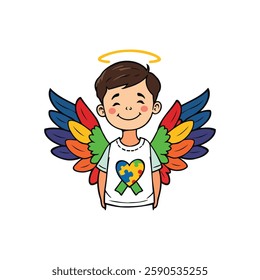 Child with Colorful Angel Wings and a Puzzle Piece Heart for Autism Acceptance