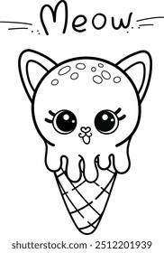 Child Coloring Page. Cute illustration with Sweet Dessert doodle ice-cream for coloring book. Funny cat face for children's.