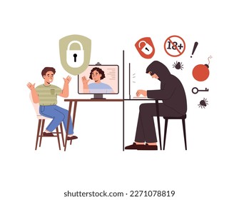 Child communicates with attacker or crime on the Internet, thinking that with a peer. Children safety in social networks, flat vector illustration isolated on background.