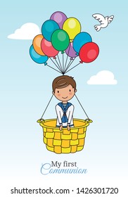 child communion card. Boy flying in balloon