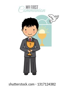 Child communion card. Child with a chalice. Space for text