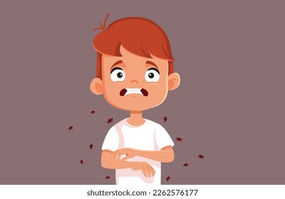 
Niña se queja de picor causado por la ilustración vectorial de las flores. Niño infestado de parásitos de un animal de compañía
