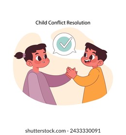 Concepto de resolución de conflictos infantiles. Dos niños practicando la resolución pacífica de problemas. Se exhibieron la comprensión, la cooperación entre los niños y la comunicación positiva. Ilustración vectorial plana