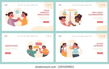Child Conflict Resolution set. Strategies for peaceful interactions among children. Win win solutions, compromise, and active listening skills. Flat vector illustration