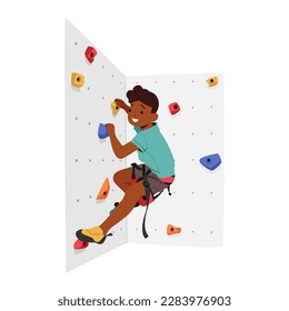 Child Conquering A Climbing Wall With Determination And Skill, Supported By Ropes And Harnesses. Little Boy Character Engaged in Physical Activity, Sports Exercise. Cartoon People Vector Illustration