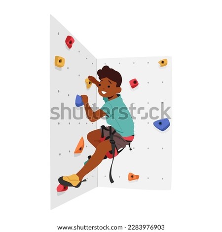 Child Conquering A Climbing Wall With Determination And Skill, Supported By Ropes And Harnesses. Little Boy Character Engaged in Physical Activity, Sports Exercise. Cartoon People Vector Illustration