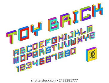 Child constructor colorful minimal 3D square vector font, dimensional cubic letters and numbers alphabet in toy style, block multicolored geometric simplistic typography.