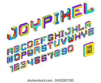 Child constructor colorful minimal 3D square vector font, dimensional cubic letters and numbers alphabet in toy style, block multicolored geometric simplistic typography.