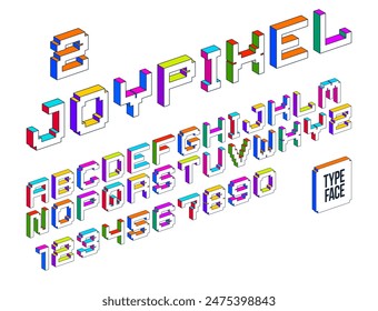 Child constructor colorful minimal 3D square vector font, dimensional cubic letters and numbers alphabet in toy style, block multicolored geometric simplistic typography.