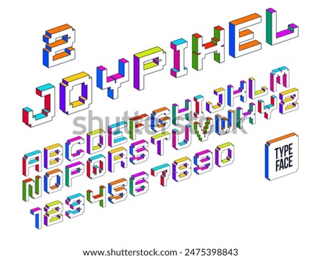 Child constructor colorful minimal 3D square vector font, dimensional cubic letters and numbers alphabet in toy style, block multicolored geometric simplistic typography.