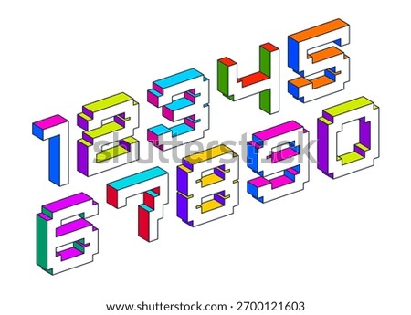 Child constructor colorful minimal 3D square vector numbers, dimensional cubic numerals and numbers alphabet in toy style, easy and fun to learn mathematics.