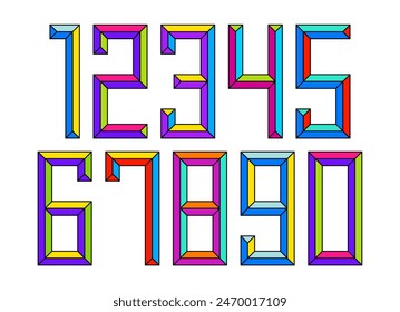 Child constructor colorful minimal square vector font with bevel effect, letters and numbers alphabet in toy beveled style, multicolored geometric 3D typography.