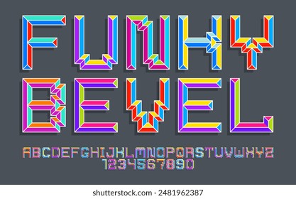 Child constructor colorful minimal square vector font with bevel effect, letters and numbers alphabet in toy beveled style, multicolored geometric 3D typography.