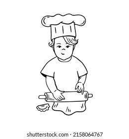 Child cook rolls out dough. Outline vector illustration of baby chef.