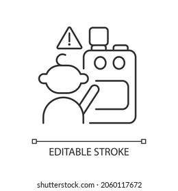 Child and cooking appliances linear icon. Kitchen safety for kids. Burn and injury prevention. Thin line customizable illustration. Contour symbol. Vector isolated outline drawing. Editable stroke