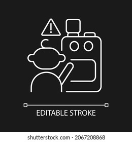 Child and cooking appliances white linear icon for dark theme. Kitchen safety. Home security. Thin line customizable illustration. Isolated vector contour symbol for night mode. Editable stroke
