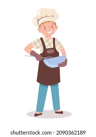 Child is cooking in the kitchen.  Little boy beats dough in bowl with  whisk. Kid bake cookies. Vector illustration in flat style isolated on white background.