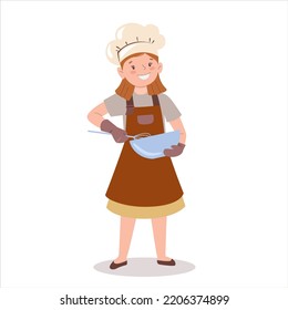 Kind kocht in der Küche.  Kleines Mädchen schlägt Teig in Schüssel mit Whisk. Gebacken in einem Vorfeld und Koch hat Kuchen backen . Vektorgrafik im flachen Stil einzeln auf weißem Hintergrund.