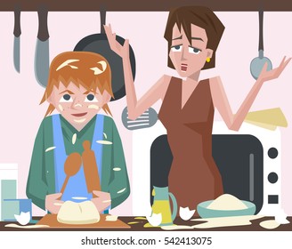 child cooking at kitchen and messing vector cartoon