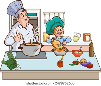 child is cooking with male chef in the kitchen of a restaurant or cafe in white uniform and hat. Cartoon vector illustration of child and professional cook in the kitchen.