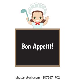 Child in a cook's cap. Kid makes gesture ok and holding ladle. Inscription "Bon Appetit!"
