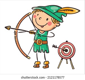 Kind in Kostümen von Märchencharakter wie Robin Hood, Cartoon Clip Art