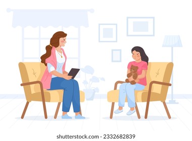 Child counselor. Woman therapist counseling to anxiety teenager in school office, kid student psychologist consultation, and kids psychology problem vector illustration of counseling psychologist