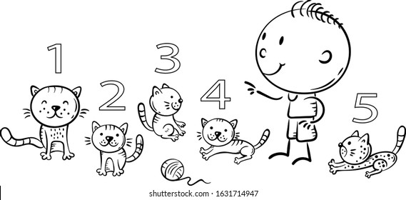 Child counting cats and learning numbers, black and white cartoon illustration