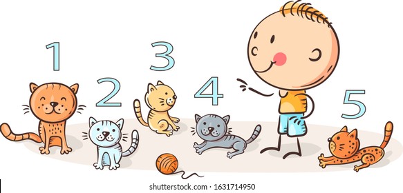 Child counting cats and learning numbers, cartoon illustration