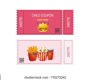 Child coupon fast food. Gift Voucher ticket card. Coupon food and drink, eating. Pass to attend events. Element template for design. Vector illustration isolated.