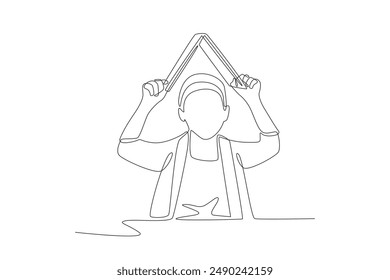 Child covering head with book. Pre school concept one-line drawing
