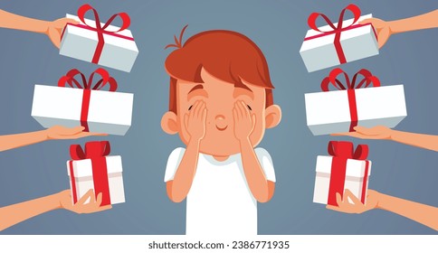 
Child Covering his Eyes Receiving Gifts Vector Cartoon illustration. Parents showering their son in presents for his anniversary celebration
