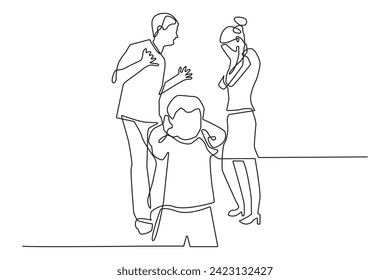 child covers ears when father and mother quarrel.family quarrel .vector continuous line drawing