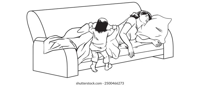 A child covers her mother as she falls asleep on the sofa. Illustration in black and white and vector format. Please note that this illustration is not AI Generated content.