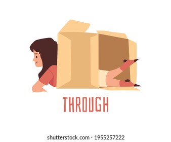 El niño se arrastra a través de una caja con la palabra escrita, ilustración vectorial plana aislada.