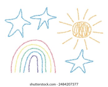 Child Crayon drawing natural elements set . Cute Childish Doodle drawn rainbow stars sun. Summer simple kids art illustration
