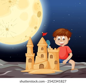 A child creates a sandcastle beneath a bright moon