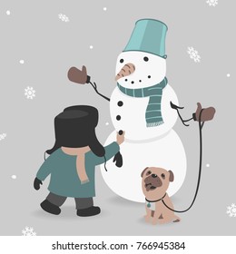 Child Creates Snowman Vector Illustration