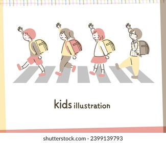 A child crossing a crosswalk with his hands raised