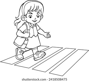 ilustración del vector de la línea de carretera que cruza niños aislados en fondo blanco