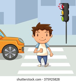 Child crossing street, vector illustration