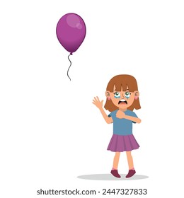 child crying because of a lost balloon, balloon flying. vector illustration